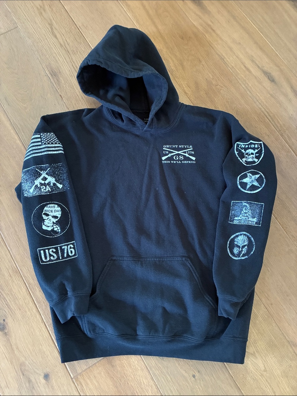 Grunt Style Black Pullover Hoodie with Sleeve Graphic Patches